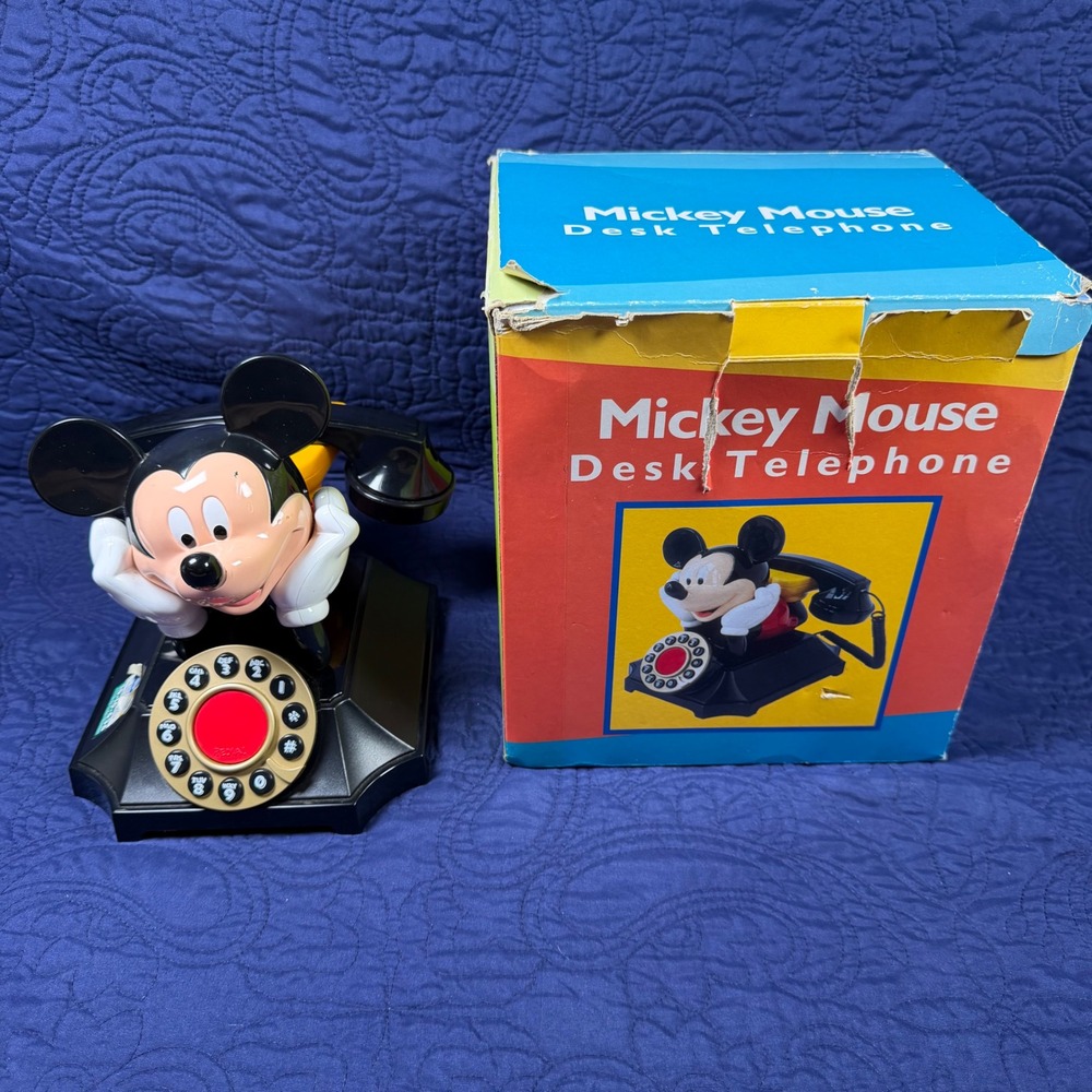 Vintage Disney Mickey Mouse Desk Telephone Push Button Landline Phone with Box